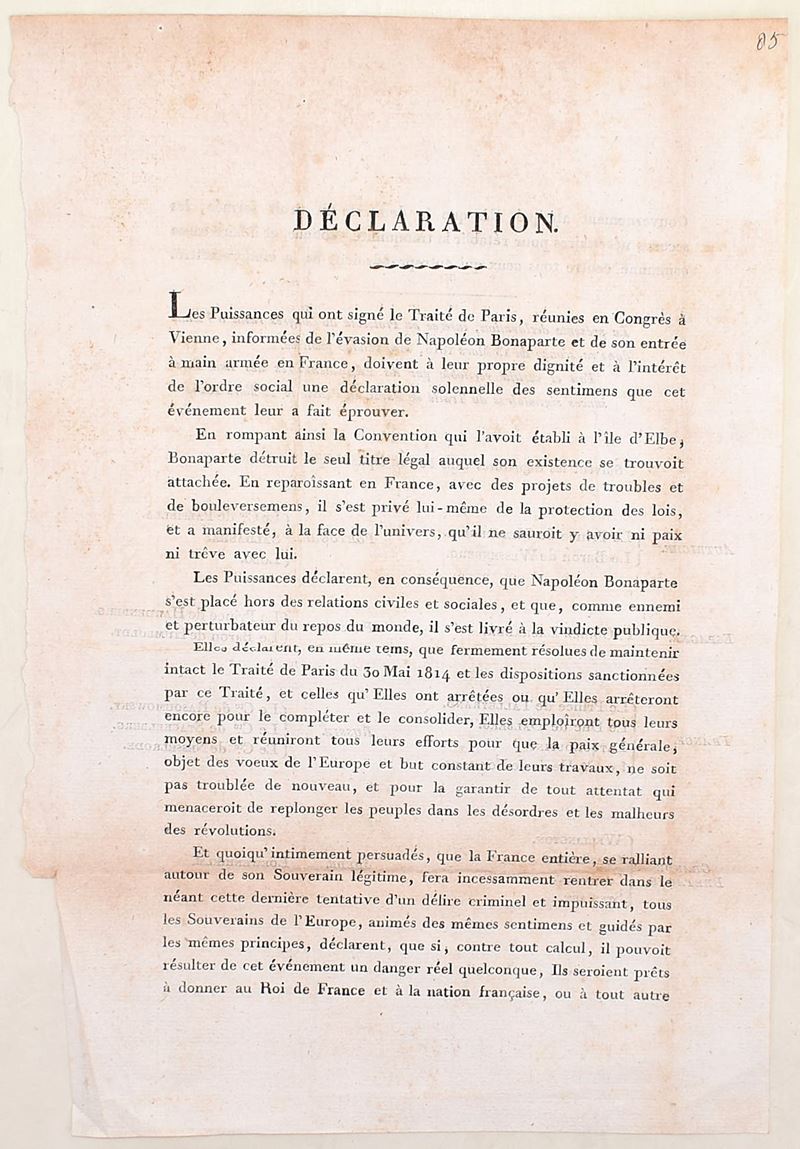 Vienna, 13 marzo 1815, Déclaration des Puissances signataires du Traité de Paris contro Napoleone...