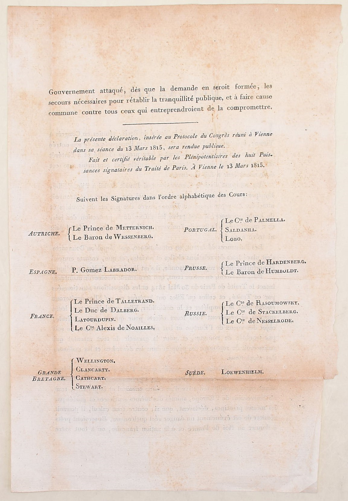 Vienna, 13 marzo 1815, Déclaration des Puissances signataires du Traité de Paris contro Napoleone...