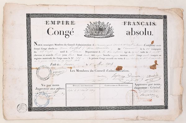 Congé absolu rilasciato a militare francese, Francia, 1814