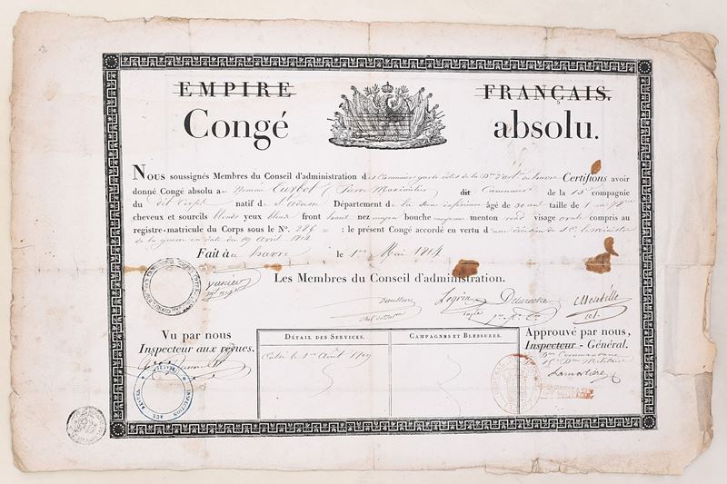 Congé absolu, documento militare francese, Francia, 1814