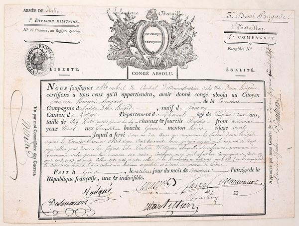 Congé absolu militare della Repubblica francese, Armée d’Italie, 1 novembre 1798