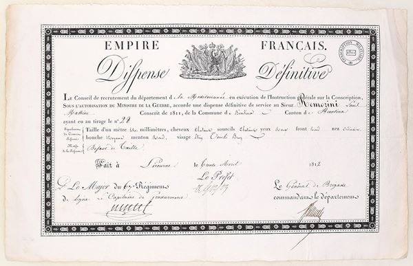 Dispense définitive de service militare, Impero Francese, Livorno, 30 aprile 1812
