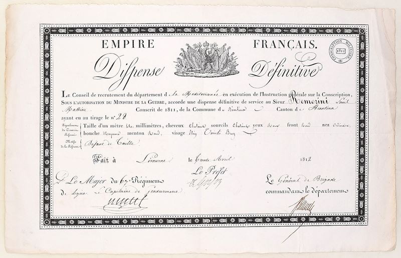 Dispense définitive de service militaire, Impero Francese (Livorno), 30 aprile 1812