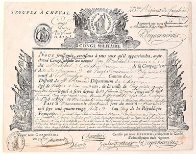 Congé militaire con conto di saldo, truppe a cavallo della Repubblica francese, 1796