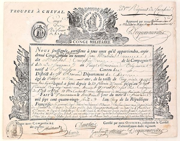 Congé militaire con conto di saldo, truppe a cavallo della Repubblica francese, 1796