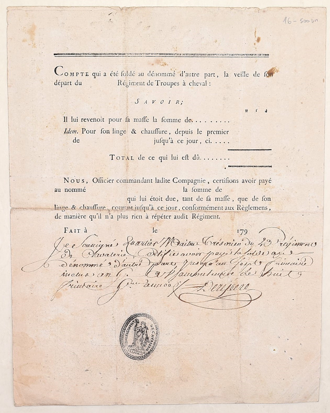 Congé militaire con conto di saldo, truppe a cavallo della Repubblica francese, documento a stamp...