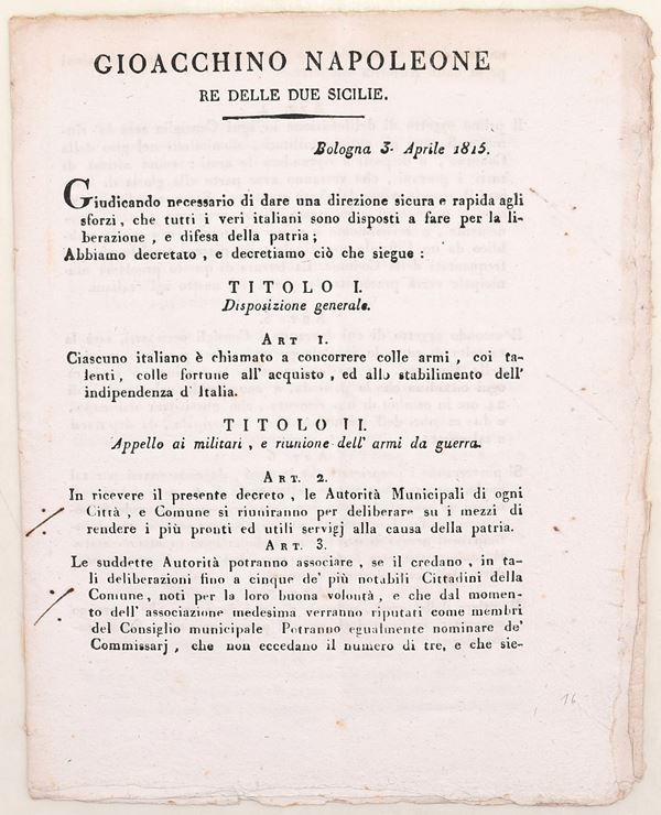 Gioacchino Napoleone, decreto per la mobilitazione nazionale e la raccolta delle armi, Bologna, 3 aprile 1815