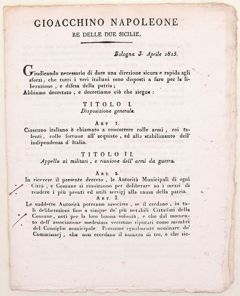 Gioacchino Napoleone (Gioacchino Murat), Decreto per la mobilitazione nazionale e la raccolta del...