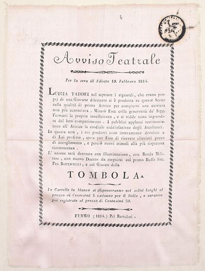 Avviso teatrale, stampa su seta — Fermo, 19 febbraio 1814