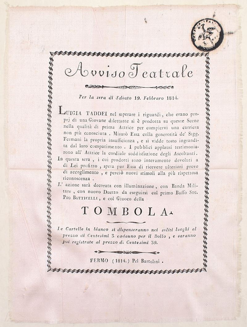 Avviso teatrale, stampa su seta per la rappresentazione con Luigia Taddei, Fermo, 19 febbraio 181...