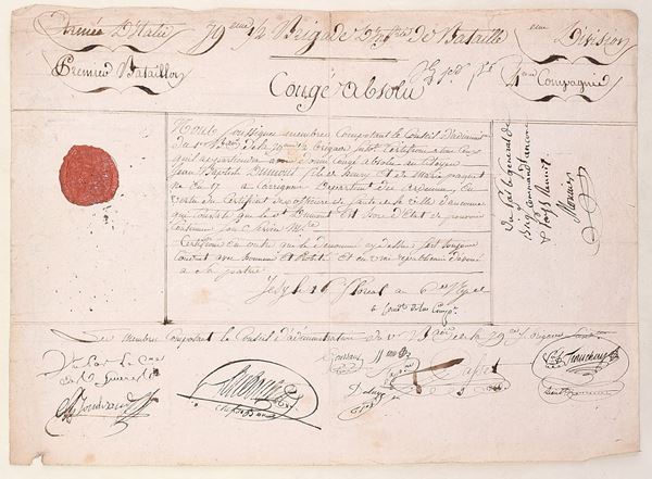 Congedo assoluto rilasciato a soldato del Corpo Reale d’Artiglieria, documento manoscritto con sigillo, prima metà XIX secolo