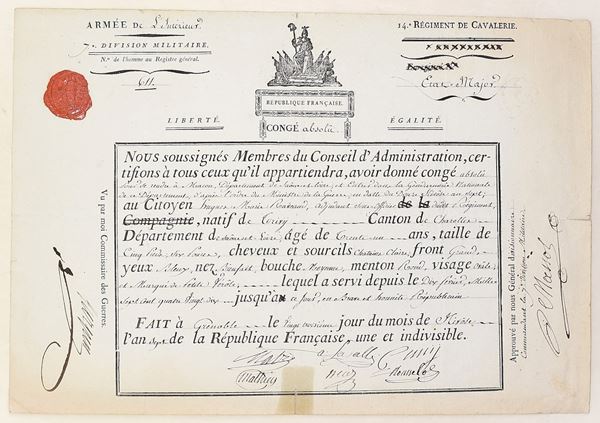 Congé absolu per militare del 14° Reggimento di Cavalleria, Repubblica Francese, 1790