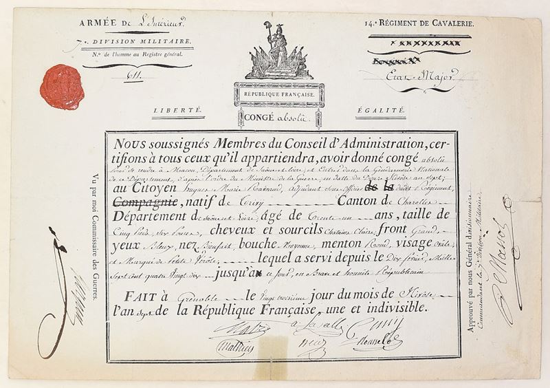 Congé absolu per militare del 14° Régiment de Cavalerie, Repubblica francese, documento a stampa ...