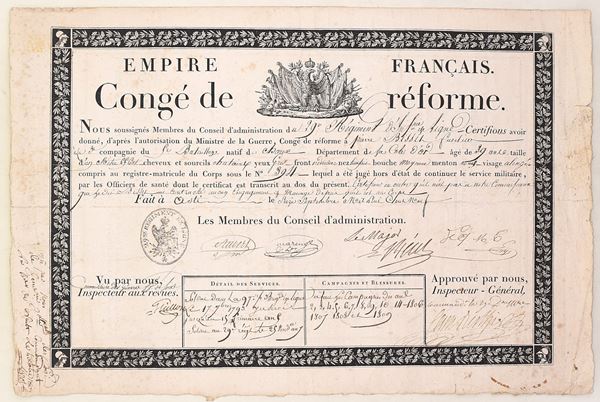 Congé de réforme con certificato sanitario allegato, Impero Francese, 1809