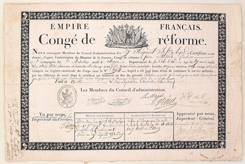 Impero Francese (1809), Congé de réforme con certificato sanitario allegato