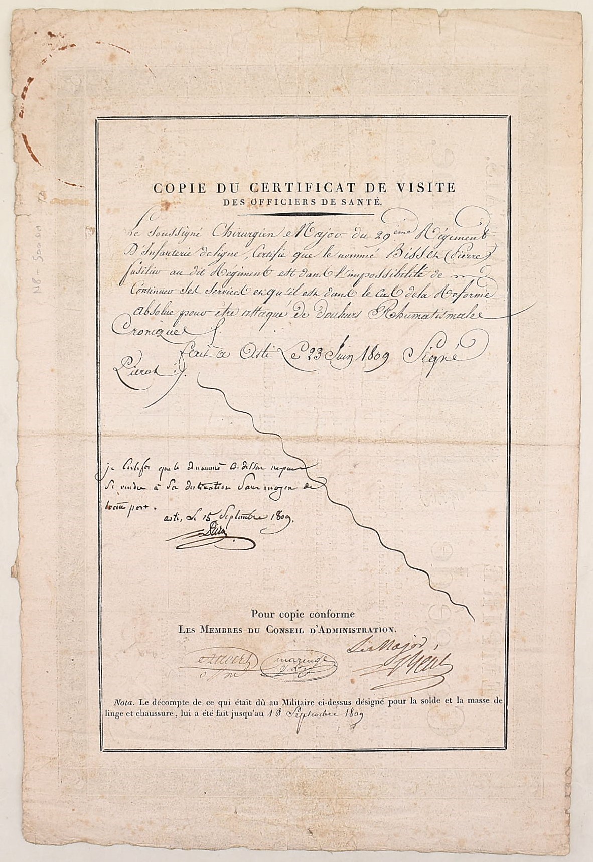Impero Francese (1809), Congé de réforme con certificato sanitario allegato