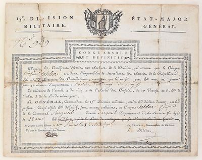 Congé absolu et définitif, 15e Division Militaire, État-Major Général (documento manoscritto su m...