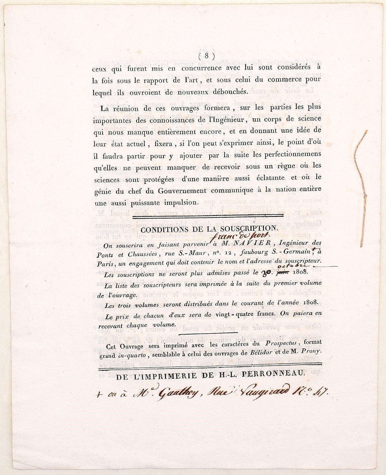 Jean-Rodolphe Perronet Gauthey, Prospectus des ouvrages de feu M. Gauthey (opuscolo a stampa, 180...