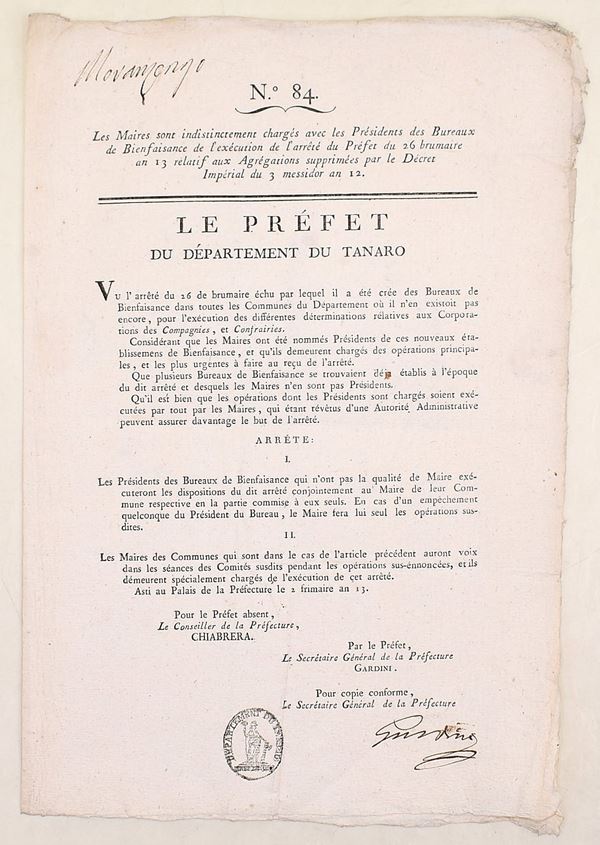 Le Préfet du Département du Tanaro. Arrêté n° 84 relativo ai Bureaux de Bienfaisance, 23 novembre 1804