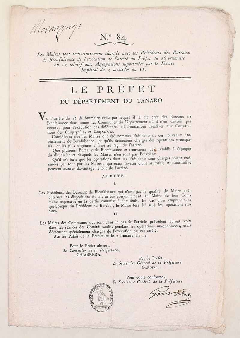 Piemonte, Le Préfet du Département du Tanaro. Arrêté n° 84 relativo ai Bureaux de Bienfaisance, 2...