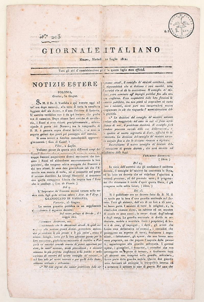 Giornale Italiano, n. 203, 1812 (Milano, martedì 21 luglio 1812), bifolio a stampa