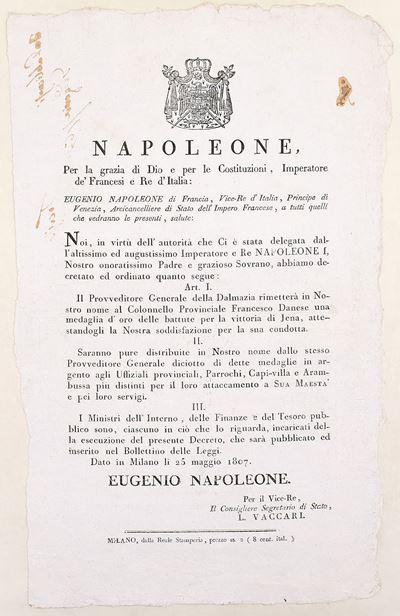 Decreto napoleonico sulle medaglie di Jena, Milano 1807, foglio a stampa