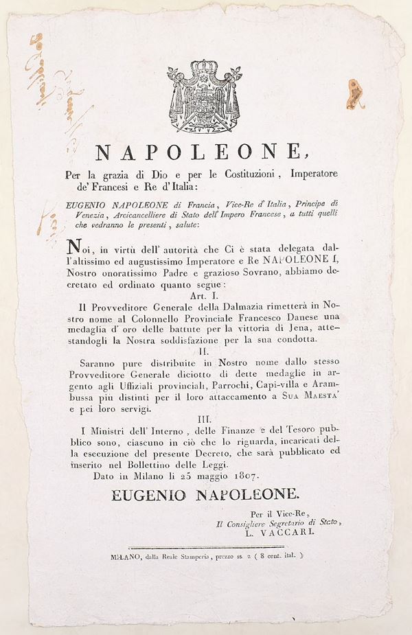 Decreto napoleonico sulle medaglie di Jena (Milano, 1807)