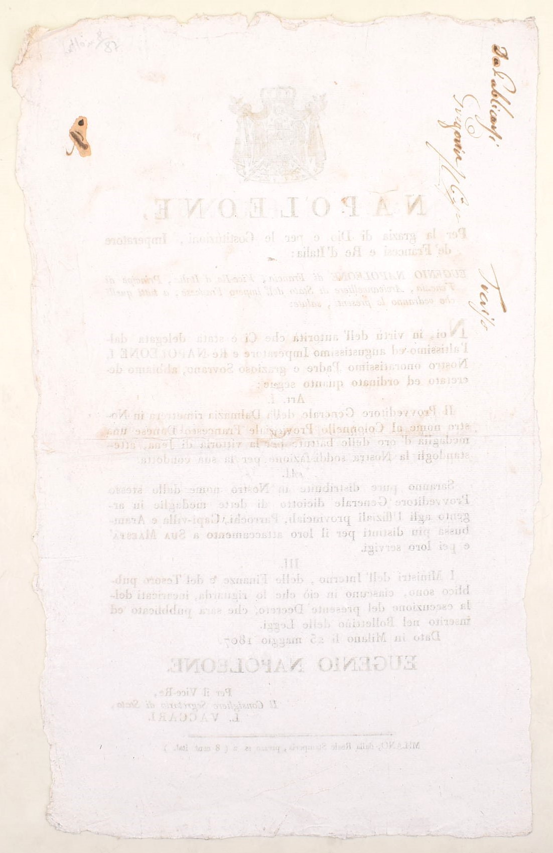 Decreto napoleonico sulle medaglie di Jena, Milano 1807, foglio a stampa