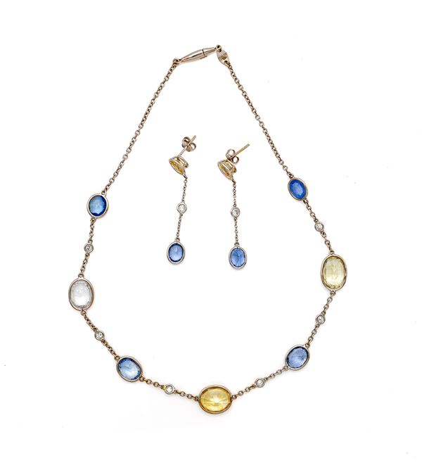 Faraone - Parure di collana e orecchini in oro, zaffiri multicolor e brillanti
