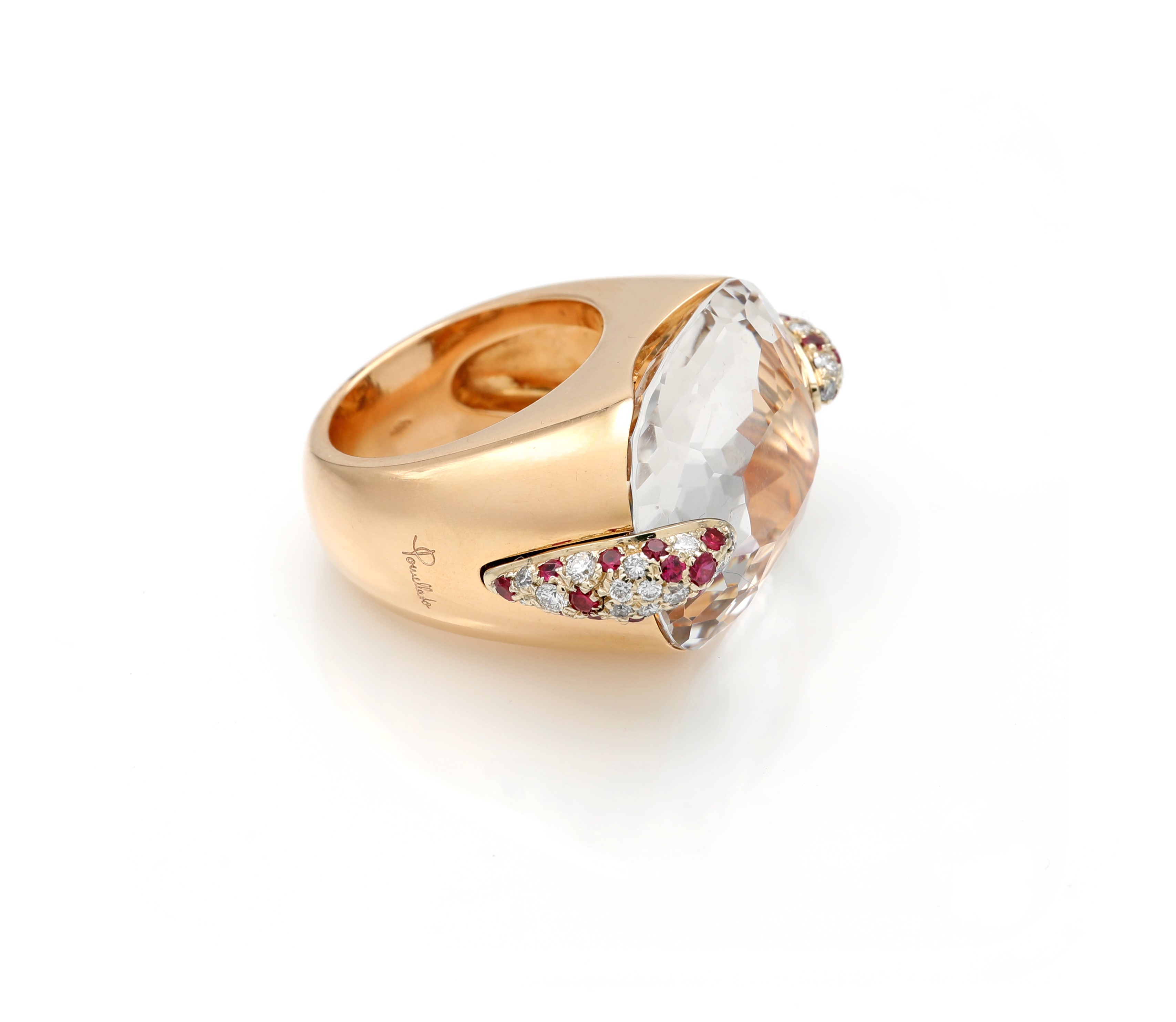 Pomellato, Anello in oro giallo 750/000 con quarzi, diamanti e rubini (Modello Pin-Up)