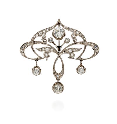 Spilla pendente art nouveau in oro bianco 750/000 con diamanti