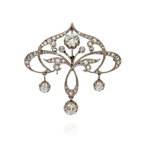 Spilla pendente con catena art nouveau in oro e diamanti