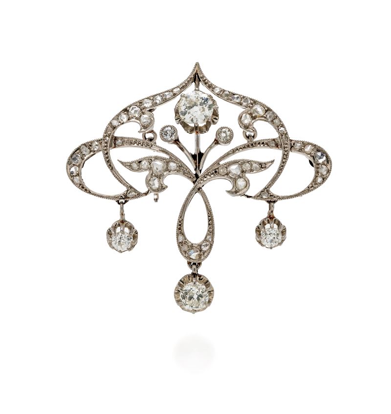 Spilla pendente art nouveau in oro bianco 750/000 con diamanti