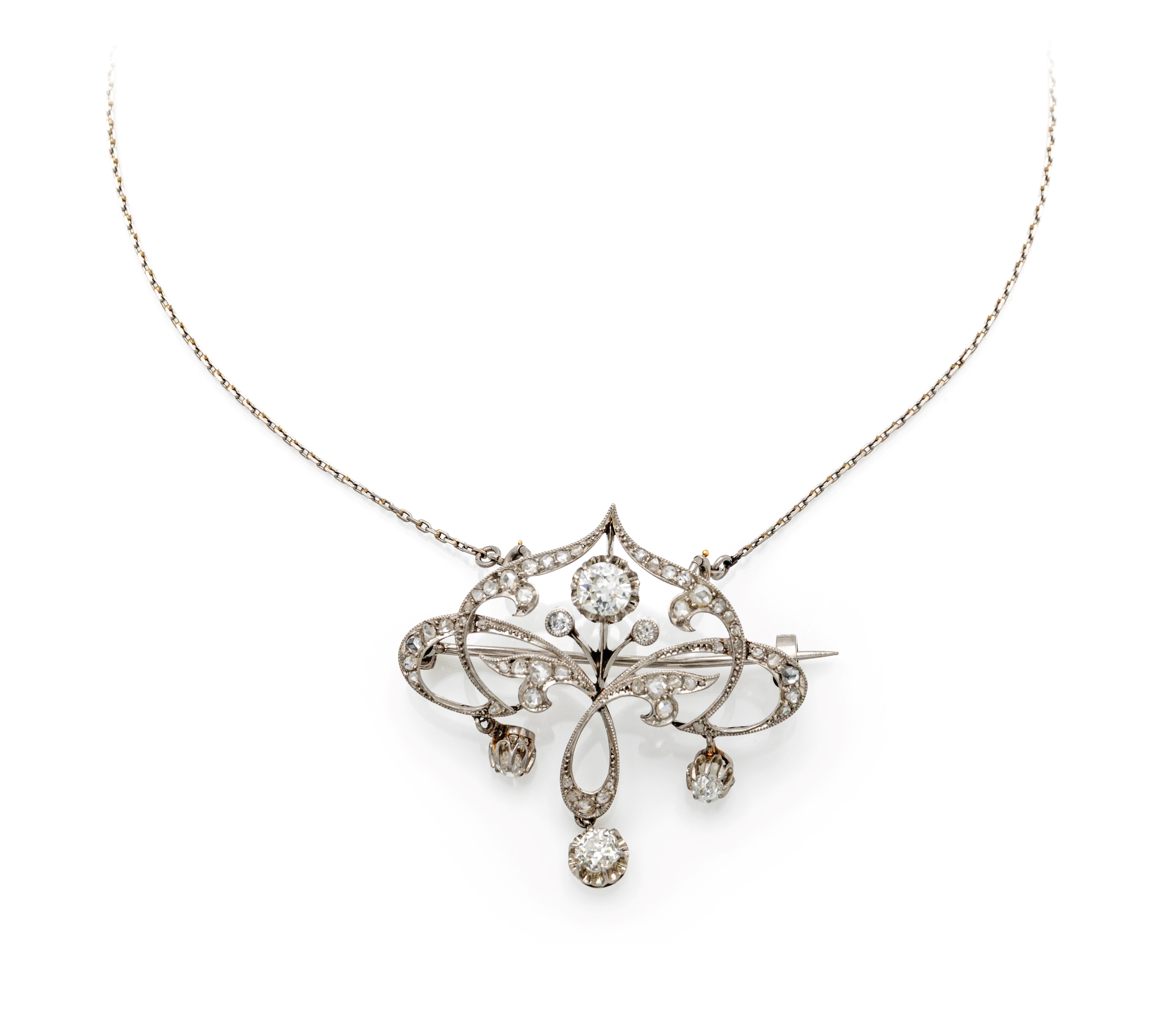 Spilla pendente art nouveau in oro bianco 750/000 con diamanti