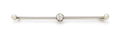 Spilla a barretta in platino 900/000 con diamante solitario centrale taglio Vecchia Europa (ct. 0...