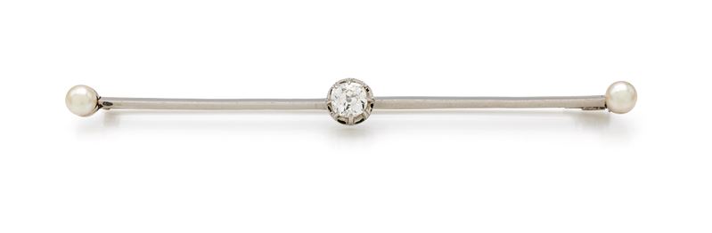 Spilla a barretta in platino 900/000 con diamante solitario centrale taglio Vecchia Europa (ct. 0...