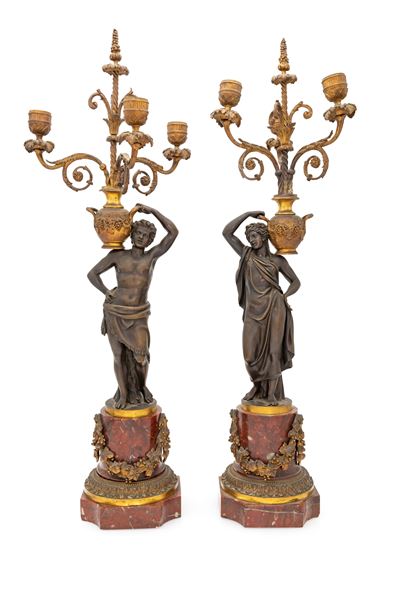 Francia, Coppia di candelabri figurativi in bronzo brunito e dorato (fine XVIII - inizi XIX secol...