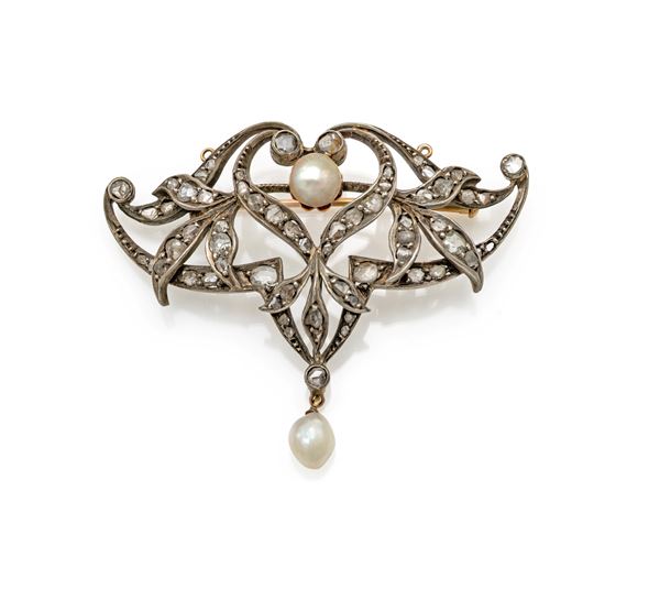 Spilla Art Nouveaux oro, argento, diamanti e perle