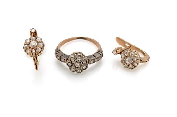 Paure di coppia di orecchini e anello in oro, argento e diamanti