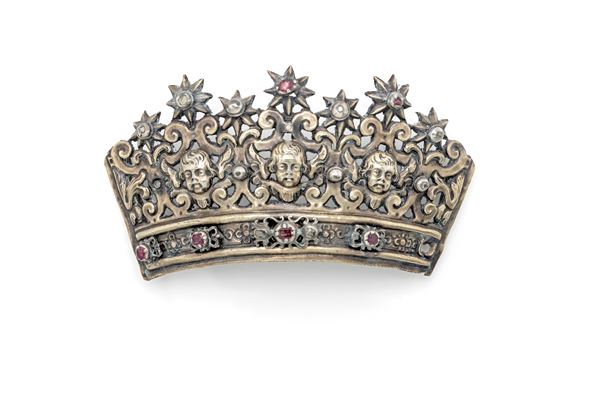Piccola tiara da statua in lamina d'argento