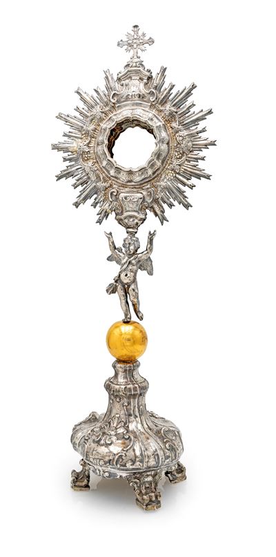 Ostensorio in argento, di gusto barocco