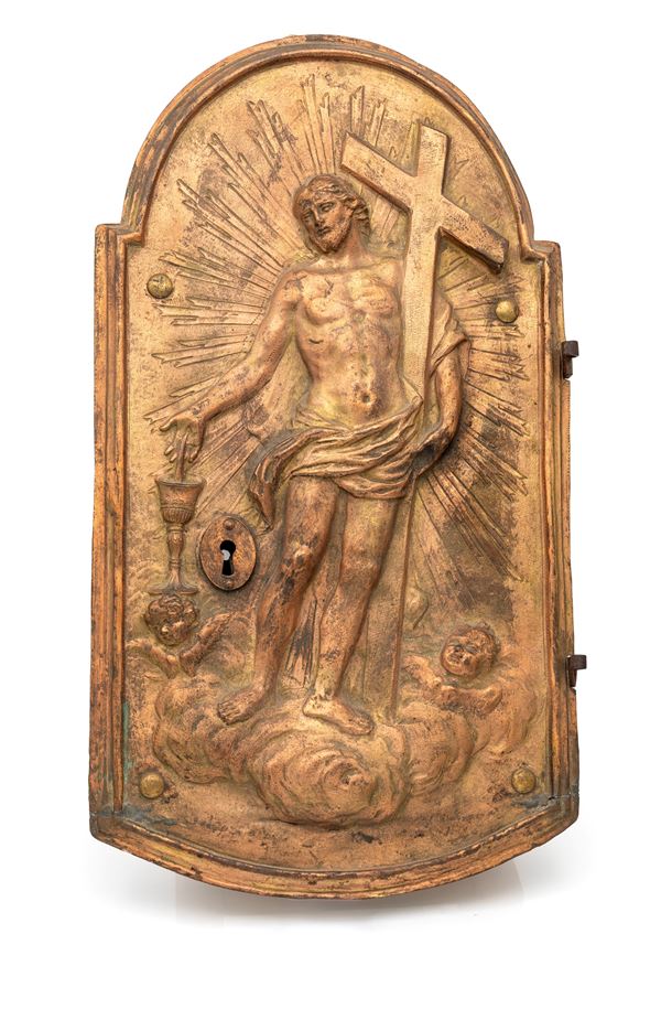 Sportello di tabernacolo in metallo sbalzato e dorato, XIX secolo