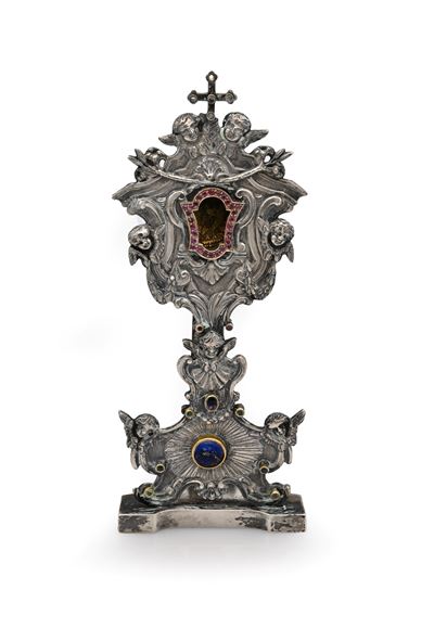 Reliquiario a ostensorio, fusione d’argento con gemme multicolore, XIX secolo