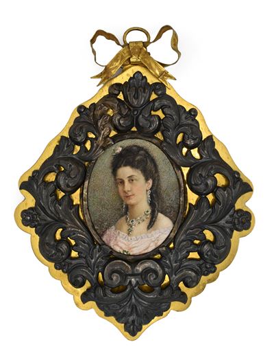 XIX secolo, Pendete in ottone e argento con miniatura, struttura romboidale