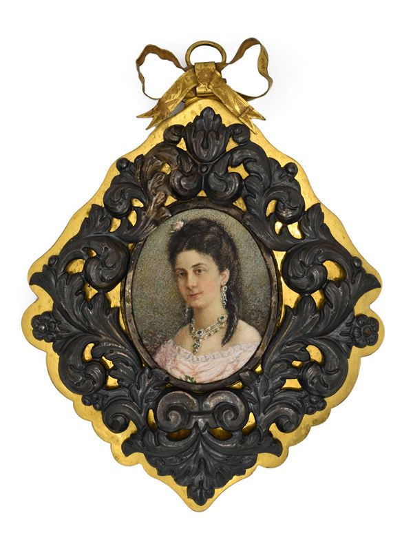 Pendente in ottone e argento con miniatura, XIX secolo