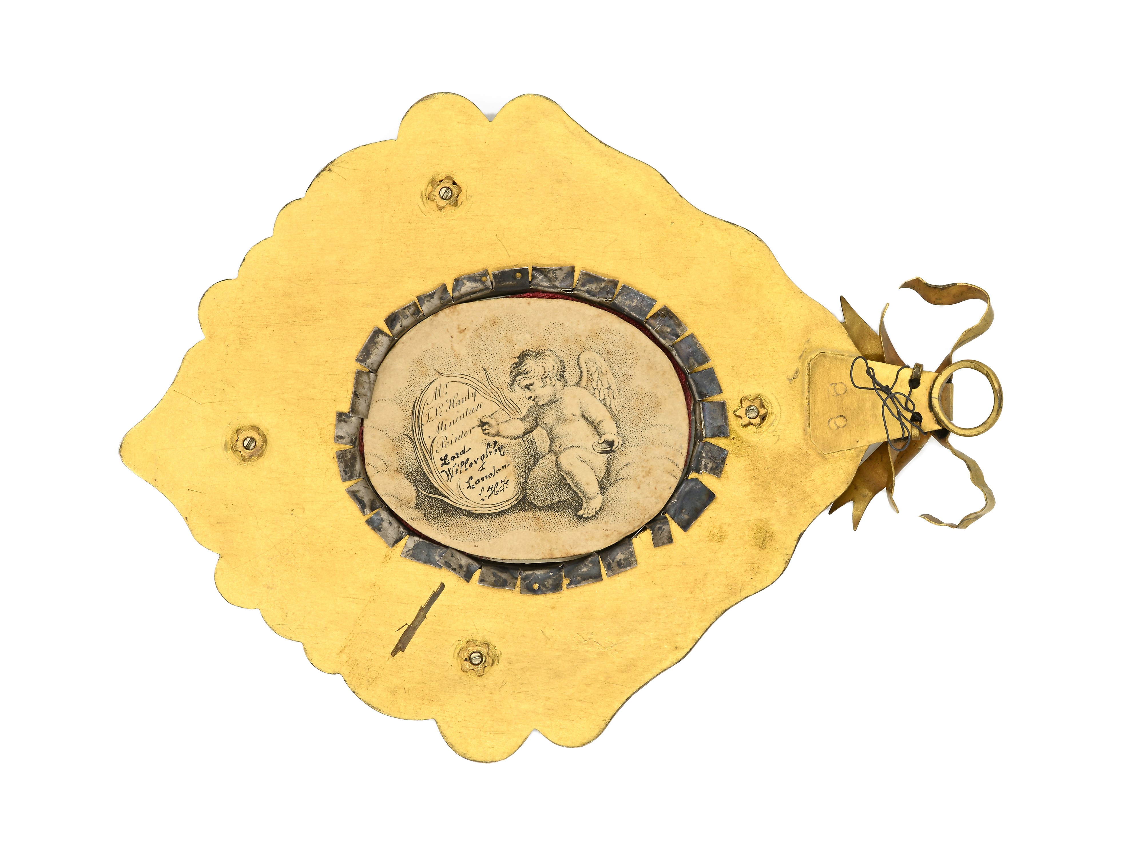 XIX secolo, Pendete in ottone e argento con miniatura, struttura romboidale