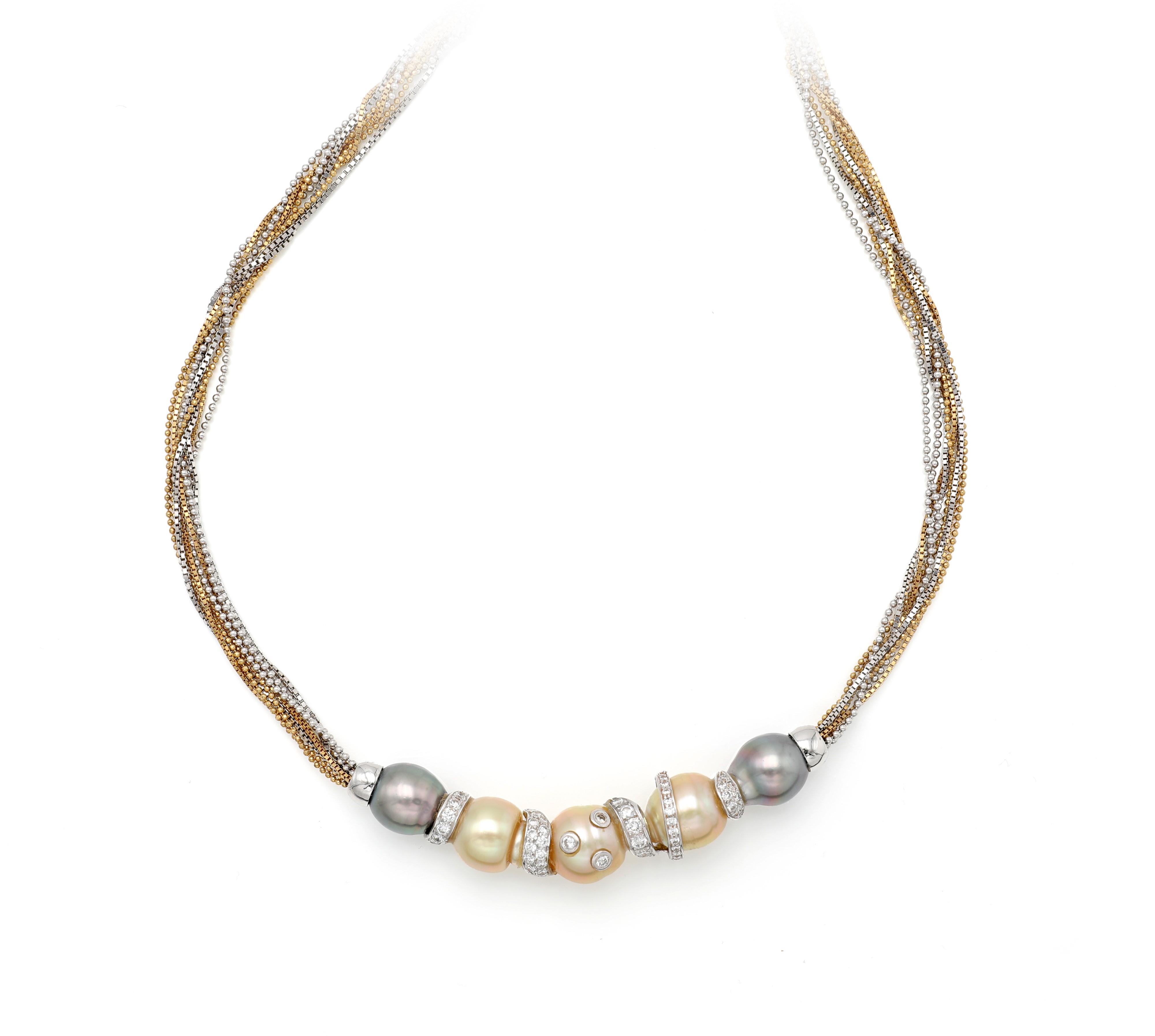 Collana in oro 750/000 con perle dei Mari del Sud (golden e Tahiti) e brillanti