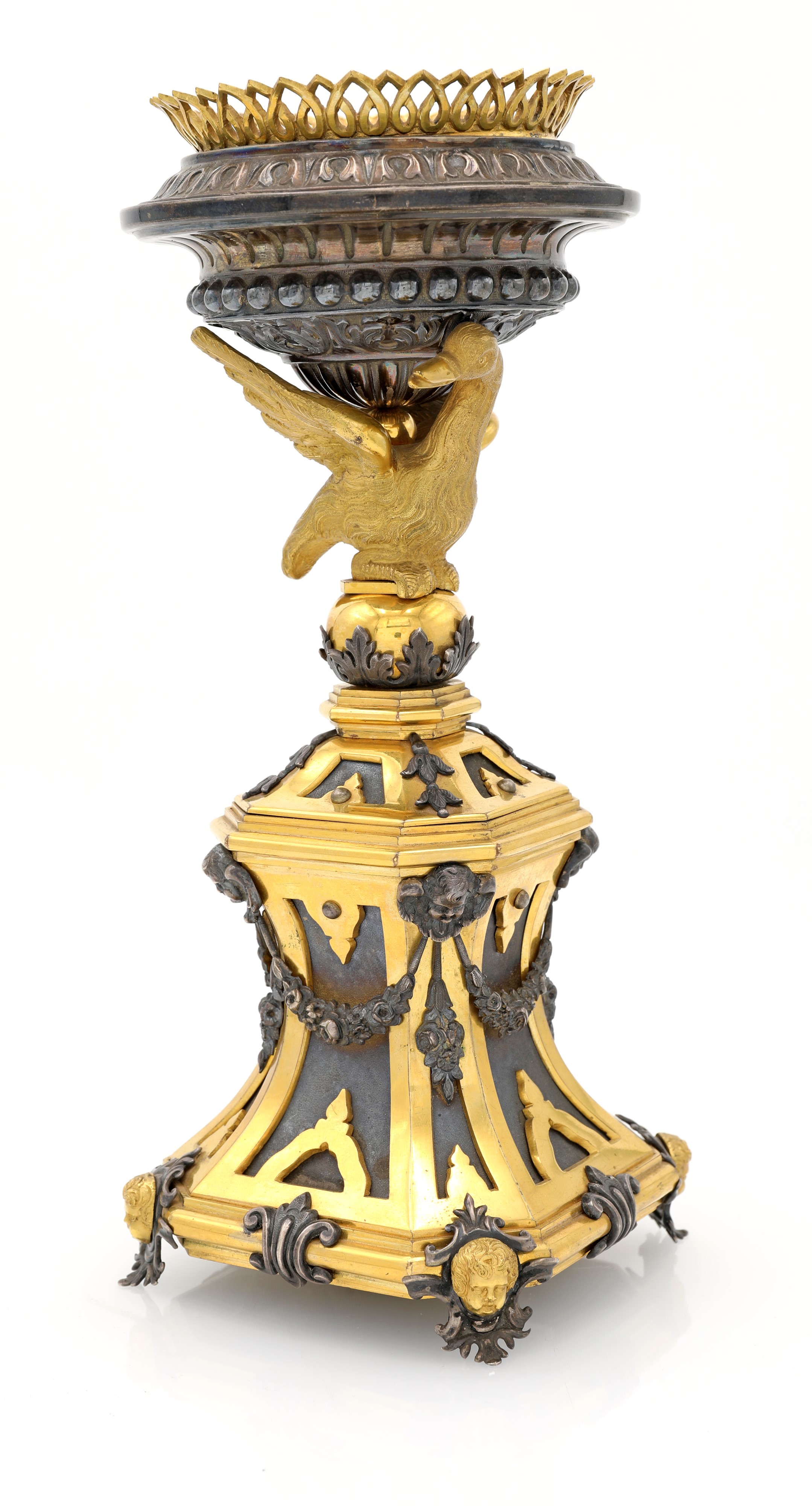 Antico vaso liturgico, coppa in argento con cigno scultoreo, bronzo dorato e argento