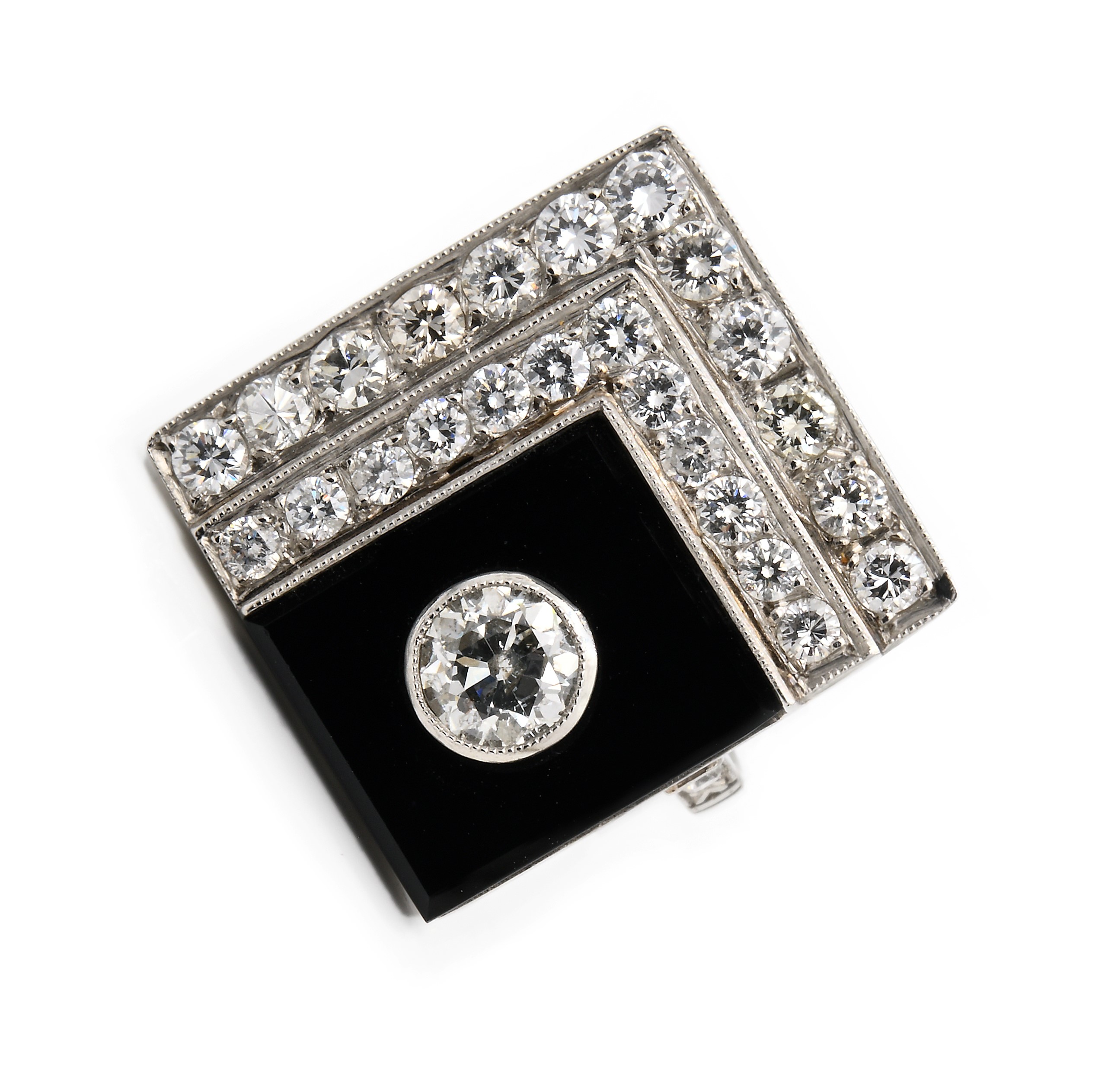 Anello in stile Déco, platino 900/000, diamanti e onice