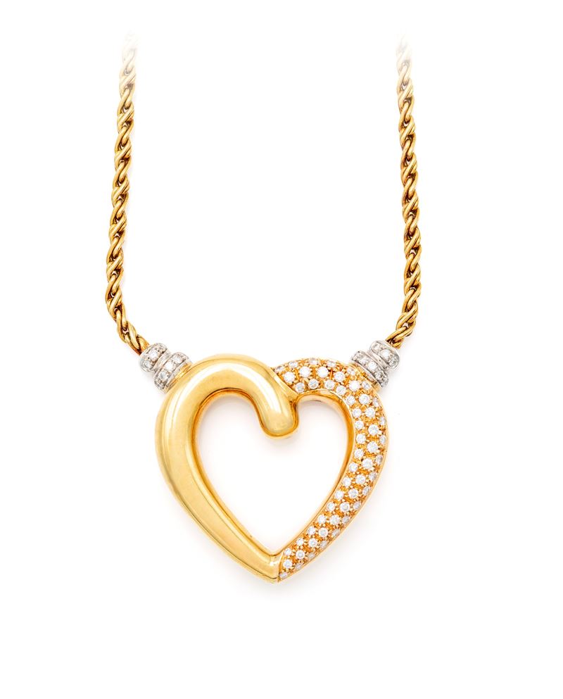 Girocollo in oro giallo e oro bianco 750/000 con diamanti rotondi brillanti (ct 2,50 ca), lunghez...